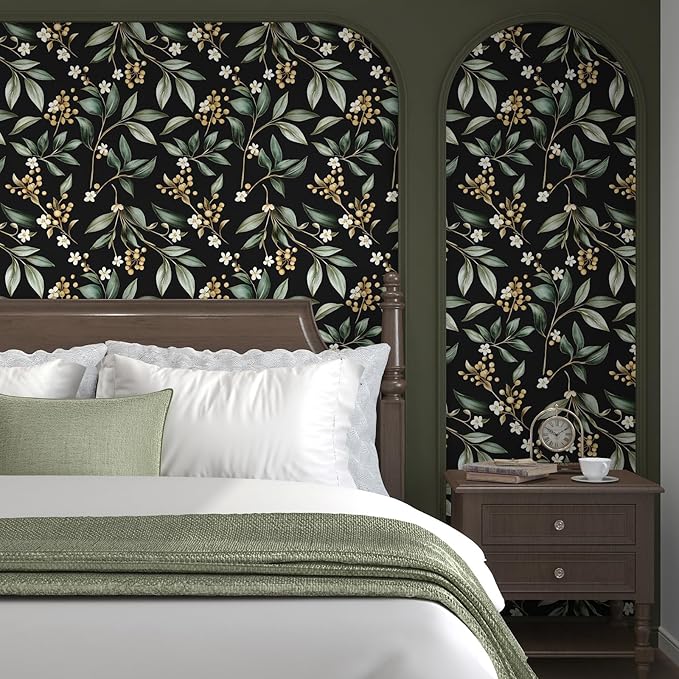 Black Green Floral Peel and Stick Wallpaper, 17.5" x 197" Vintage Dark Green