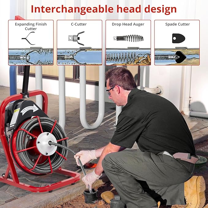 Drain Cleaner Machine 75FT x 3/8 Inch, Professional Sewer Snake Auger, 4 Cutter Blades, Air-Activated Foot Switch, Gloves, Portable Plumbing Tool for 1"-4" Pipes, Bathroom, Kitchen, and Sewer Clog