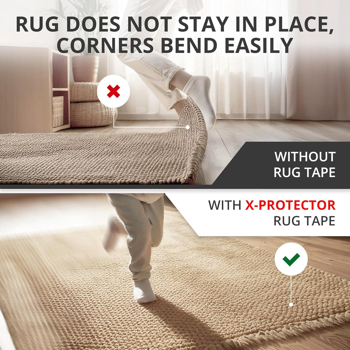 X-Protector Rug Tape - 16 Pcs Set - White Anti-Slip & Anti-Curling Carpet Tape for Hard Floors - Premium Rug Pad Gripper - Ideal Carpet Corner Grippers to Keep Your Carpet in Place & Make Corners Flat