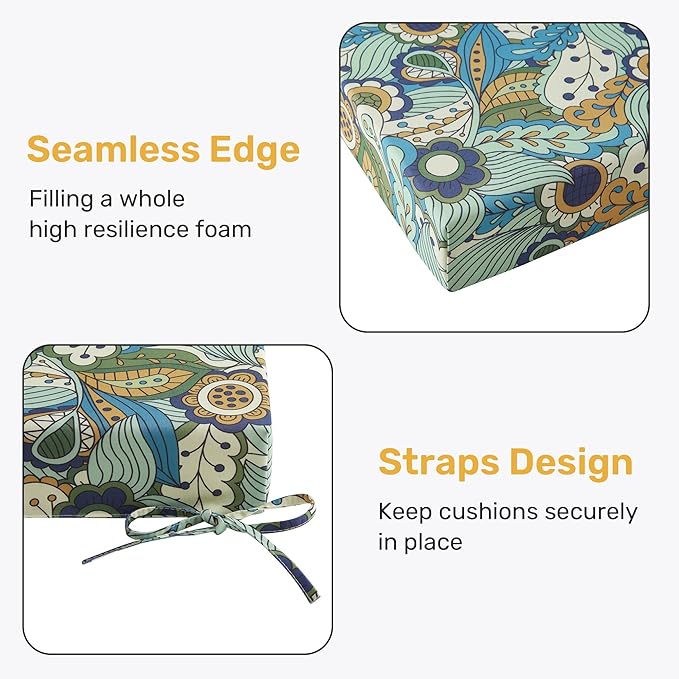 UNIKOME Outdoor Chair Cushions Pack of 4, Water Resistant Patio Cushions with Ties, High Density Sponge Filling Square Corner Seat Cushions for Outdoor Furniture, 18.5"*16"*3", Sun Flower