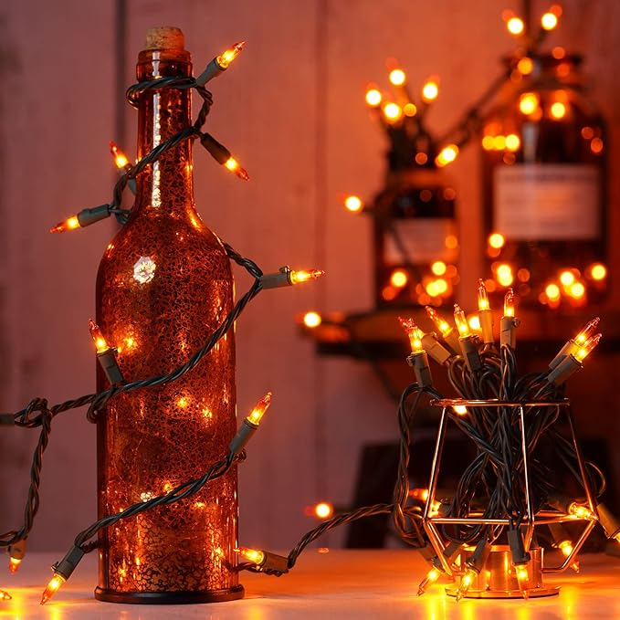 YULETIME 200 Orange Christmas Lights, Pack of 2 Sets 33 Feet 100 Count UL Certified Incandescent String Lights (Orange - Green Wire)