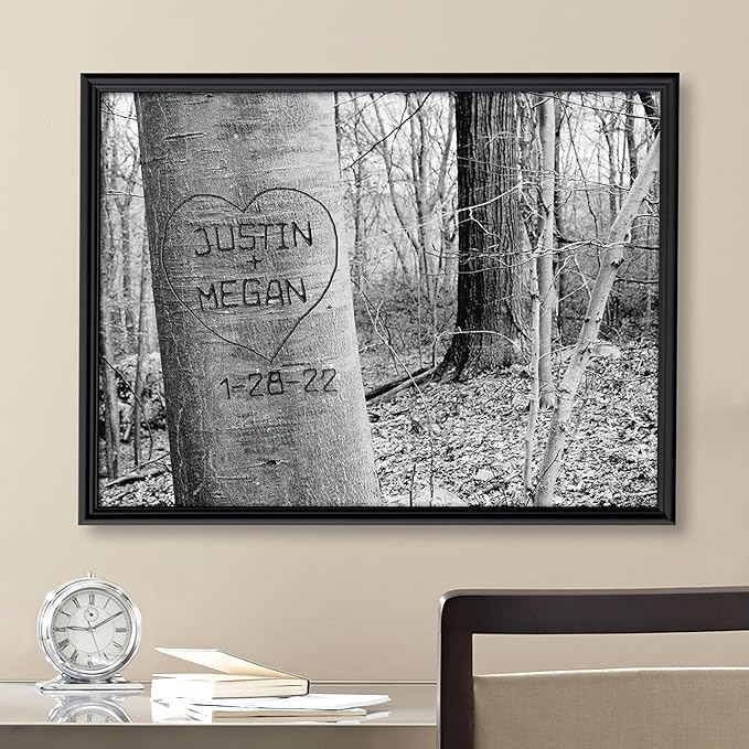 Let's Make Memories Personalized Canvas Wall Art For Couples - Engagement, Wedding, Newlyweds, Anniversary - Home Decor - Carved Heart B&W - Framed Canvas - 11x14