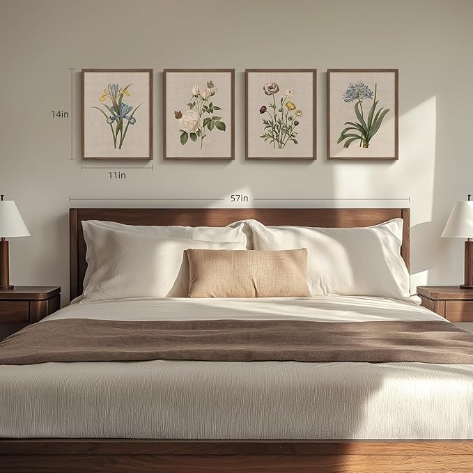 Framed Botanical Floral Wall Art, 4 Piece Vintage Flower Canvas Painting Prints