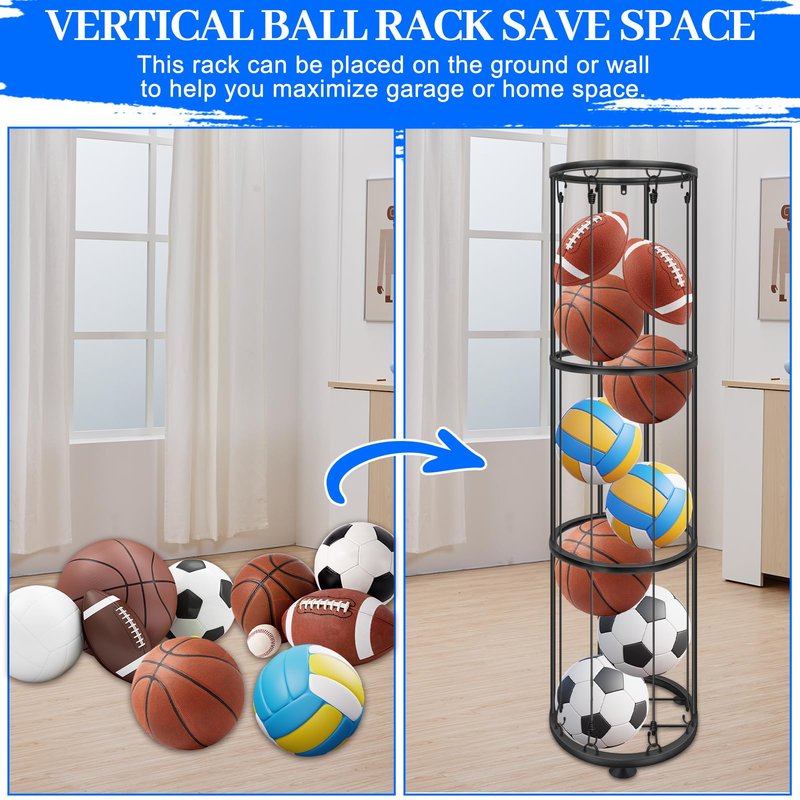 CROSDE 3 Layer Garage Ball Storage Rack, Vertical Basketball Holder, Black