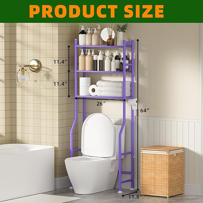 3-Tier Over Toilet Storage with Anti-Tilt Safety System - 150lb Total Capacity Metal Bathroom Shelves Including Paper Holder & 4 Hooks, Space Saving Above Commode Organizer (64" H, Purple)