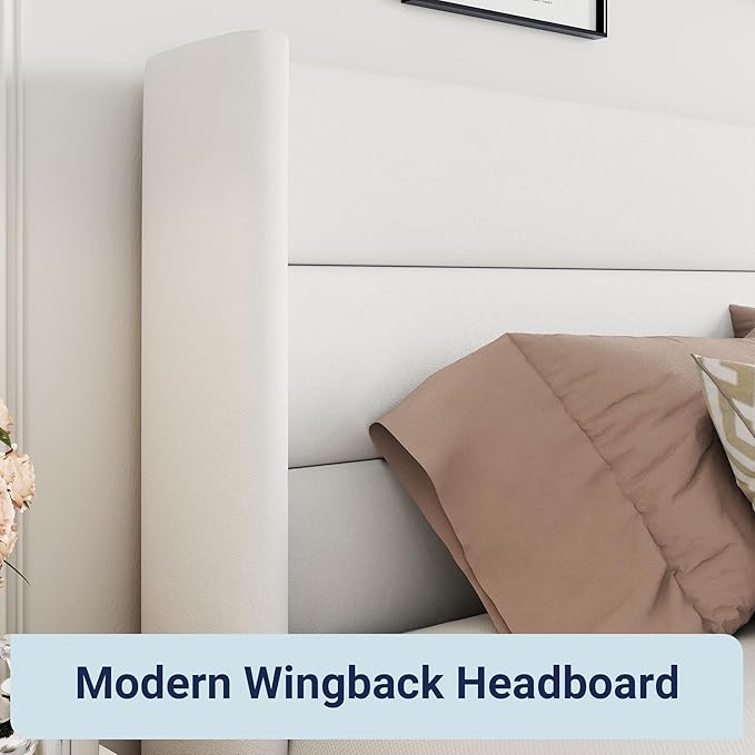 Allewie Queen Size Velvet Lift Up Storage Bed, Modern Wingback Headboard, Hydraulic Support, No Box Spring Needed, White
