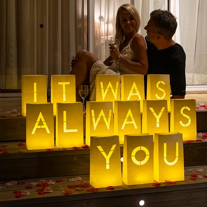 It Was Always You Light Up Letters with 30 Tea Lights Candles and 1000 Red & Pink Rose Petals - Luminary Bags Engagement Party Decorations & Anniversary Decorations Ideal Gift For Men & Women