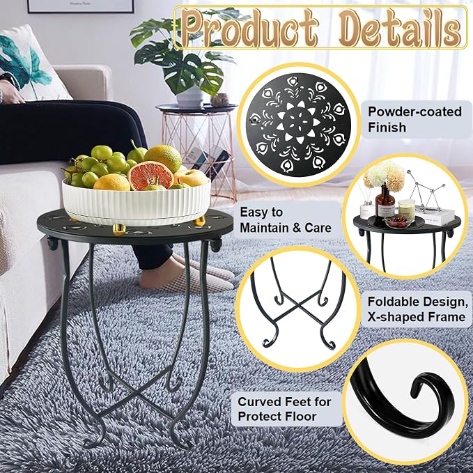 Outdoor Side Table, 14-inch Small Round Metal Patio Table with Flower Cut-Out Design, Modern Rust-Proof Portable End Table Patio Side Table for Outside Garden Balcony Yard & Indoor Use 1 Pack