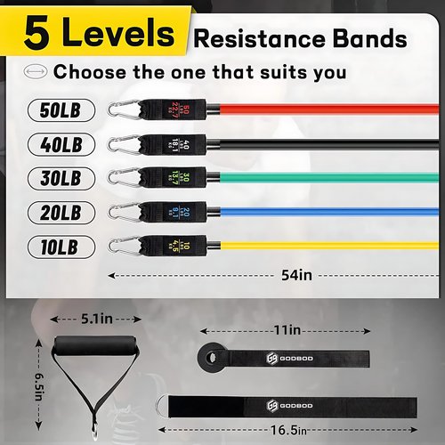 GODBOD 11-Piece Resistance Bands Set – Heavy-Duty Exercise Bands with Handles, Door Anchor, Ankle Straps, and Carry Bag for Strength Training, Yoga, Pilates, Physical Therapy, and Home Workouts