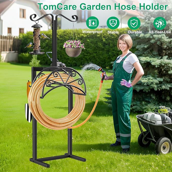 TomCare Garden Hose Holder Heavy Duty Water Hose Holder Holds 160 FT Hoses 4 Spikes Hose Reel Freestanding Hose Hanger Sturdy Hose Storage Stand for Outside Yard Lawn