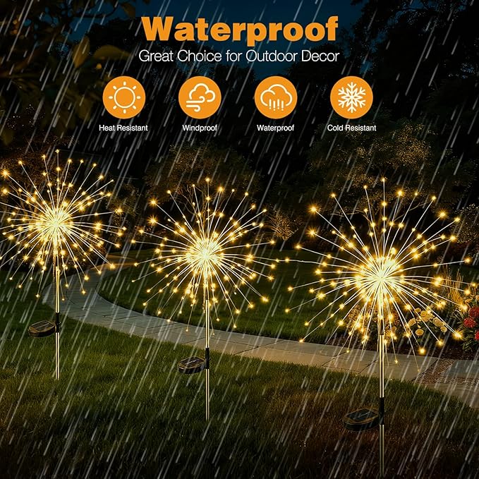 btfarm 1 Pack Solar Garden Lights Outdoor, 8 Modes Firework Lights Solar Powered, Waterproof Twinkle Fairy Light Outside for Yard Patio Pathway Pool Christmas Party Decorative, Warm White
