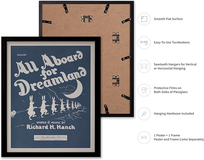 Poster Master All Aboard For Dreamland Poster - Retro Children's Lullaby Print - Story Book Art - Bunny Art - Rabbit Art - Aesthetic Art - Kid's Bedroom or Nursery Wall Decor, 16x20 Black Framed