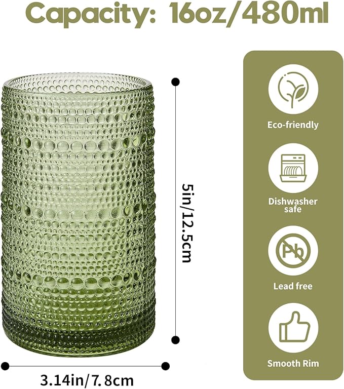 AkutaaVintage Hobnail Drinking Glasses Set of 6, 16 oz Large Capacity Embossed Green Tumblers, Highball Glasses for Water, Cocktail, Beer, Whiskey, Kitchen & Bar Use