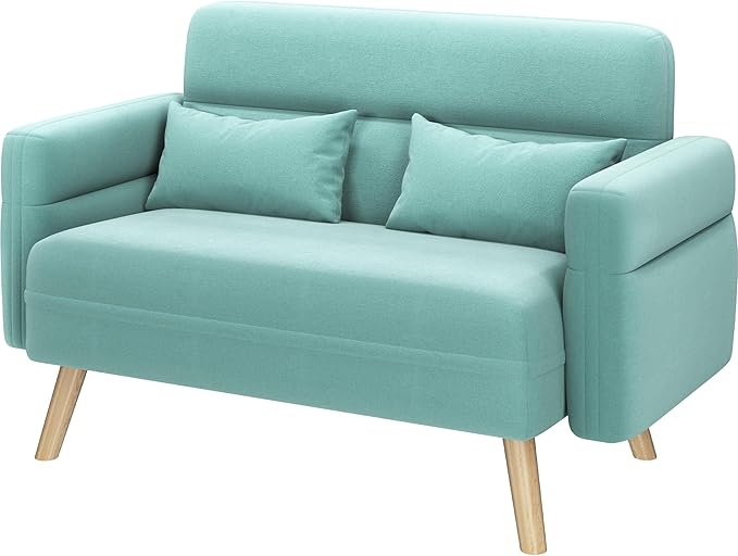 Yaheetech 46" Small Modern Fabric Sofa Loveseat Mid Century 2 Seater Sofa Couch with Lumbar Pillows, Solid Wood Legs for Living Room, Small Space, Dorm, Office, Bedroom, Aquamarine