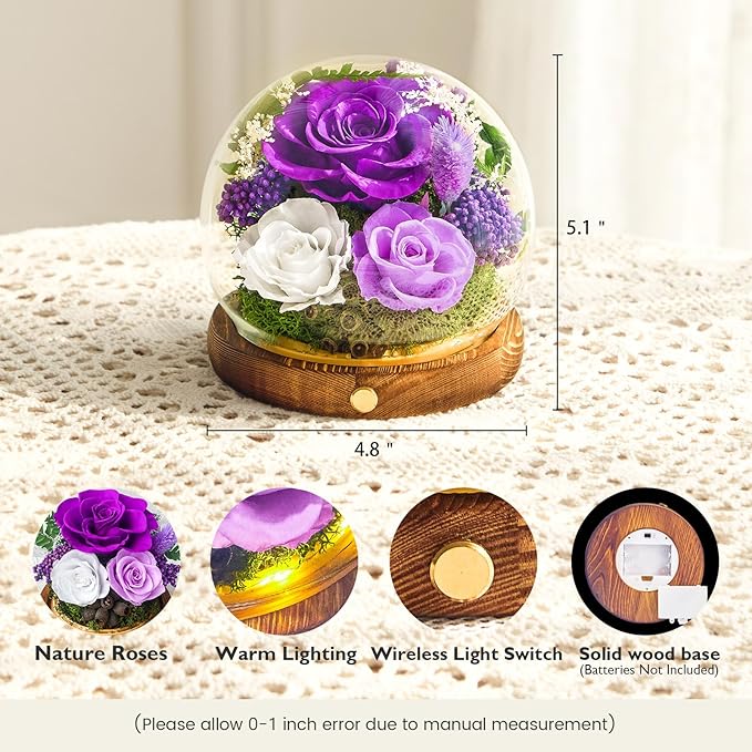 Forever Flowers for Delivery Prime, Preserved Rose in Glass Dome, Gifts for Women Birthday, Long-Lasting Flowers for Mom Wife Grandma Valentine's Day Mother's Day Christmas Anniversary, Purple