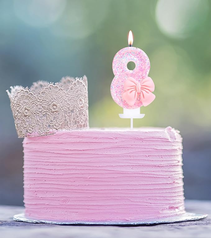 8 Birthday Candle Pink Sequins and Bowtie Number 8 Candle Birthday Girl Pastel Sweet Theme 8th Birthday Party or Adults Milestone Age Decoration