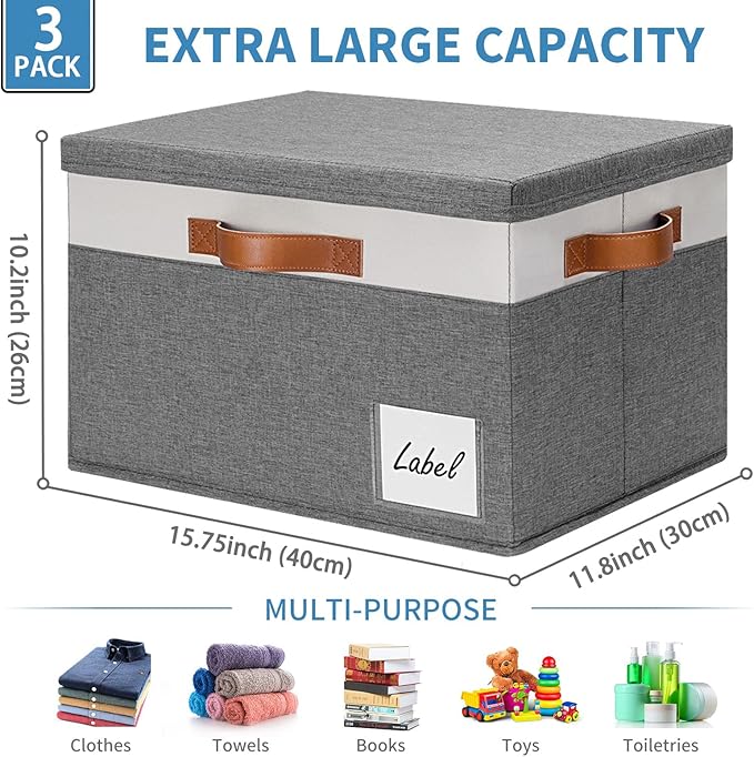 GhvyenntteS Extra Large Storage Bins with Lids, Foldable Fabric Storage Boxes with Lids and Handles, Storage Baskets with Lid and Label for Home Office (3 Pack, Grey, 15.75" x 11.8" x 10.2")