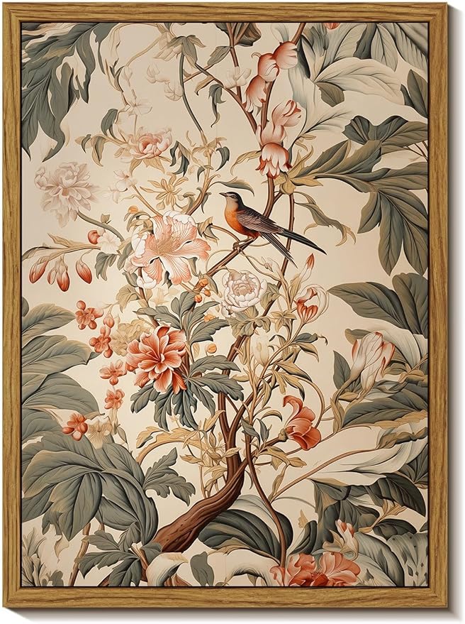 Djmwtb Vintage Framed Wall Art Floral Bird Canvas Wall Art Botanical Flower Art Prints Nature Painting Pictures Wall Decor Artwork for Bedroom Living Room 8x10in