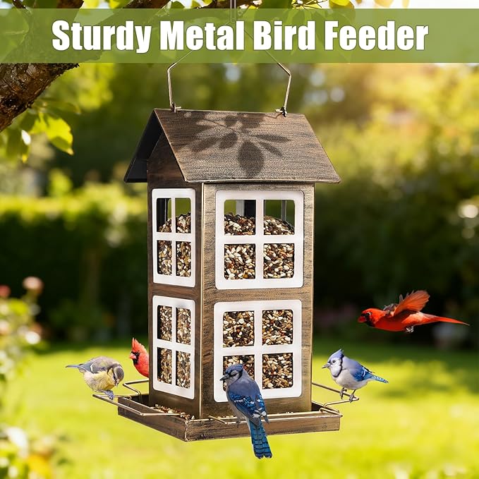 Bird Feeders, Heavy Duty Metal Bird Feeder for Outdoors Hanging, Weatherproof Large Capacity Wild Birdfeeder for Outside Garden Yard, Country House Shape (Vertical)