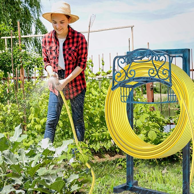 Garden Hose Holder for Outside - Upgraded Water Hose Holder Holds with Storage Basket, Heavy Duty Metal Freestanding Garden Hose Storage Reel Rack for Outdoor Yard Lawn (Blue)