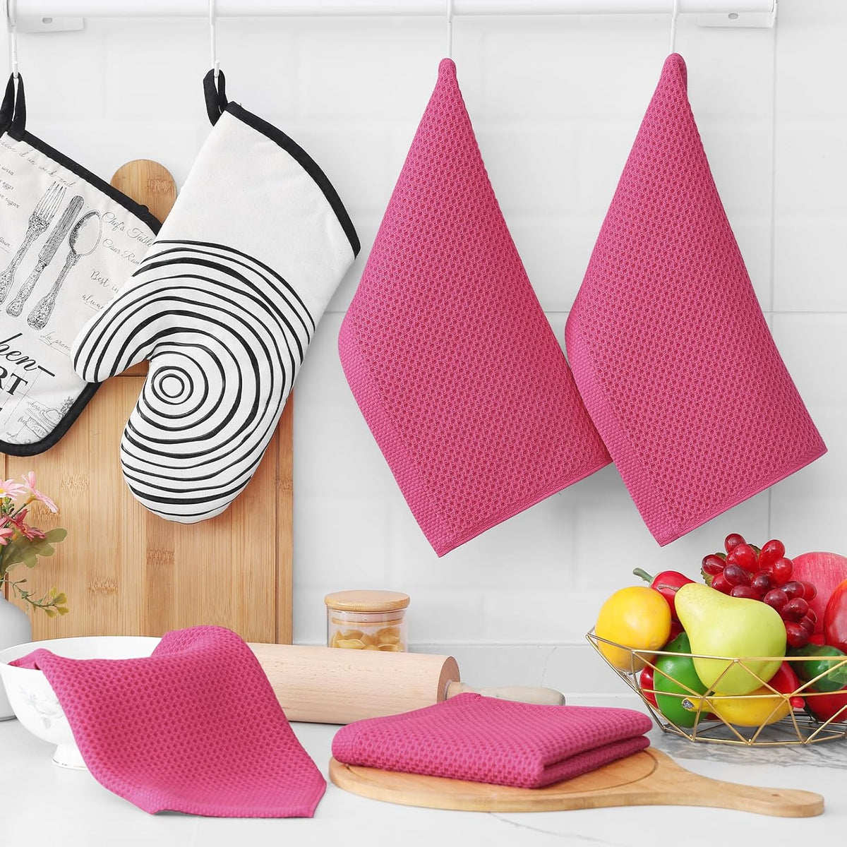 Homaxy 100% Cotton Waffle Weave Kitchen Dish Cloths, Ultra Soft Absorbent Quick Drying Dish Towels, 12 x 12 Inches, 6-Pack, Hot Pink