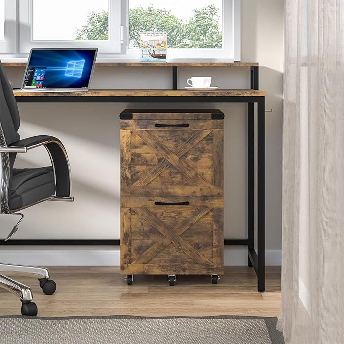 2 Drawer Small File Cabinet with Wheels, Farmhouse Vertical Filing Cabinet Fits A4 or Letter Size, Under Desk Rolling File Cabinets for Home Office, Wooden Printer Stand, Brown