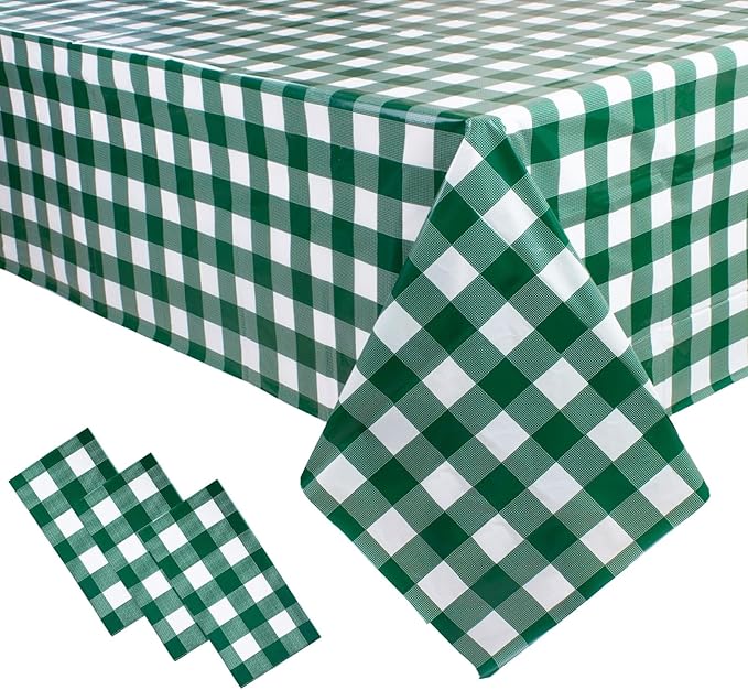 3 Packs Green and White Checkered Tablecloth 54x108 Inches Rectangle Gingham Tablecloth Disposable Plastic Waterproof Table Cover for Outdoor Picnic Kitchen and Birthday Party