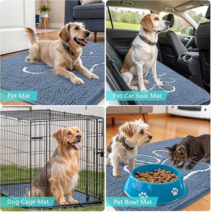 OLANLY Dog Door Mat for Muddy Paws 32x20, Paw Print Design, Absorbs Moisture and Dirt, Non-Slip Washable Doormat, Quick Dry Chenille Mud Mat, Entry Indoor Entryway Carpet, Airy Blue and White