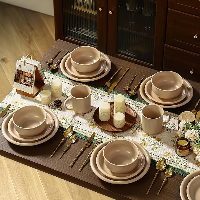 GZG Vintage Series - Ceramic Dinnerware Set for 4, 12 Pieces Stoneware Plates and Bowls Set, Lead-Free, Handcrafted Dishes Set, Microwave & Dishwasher Safe - Warm Apricot