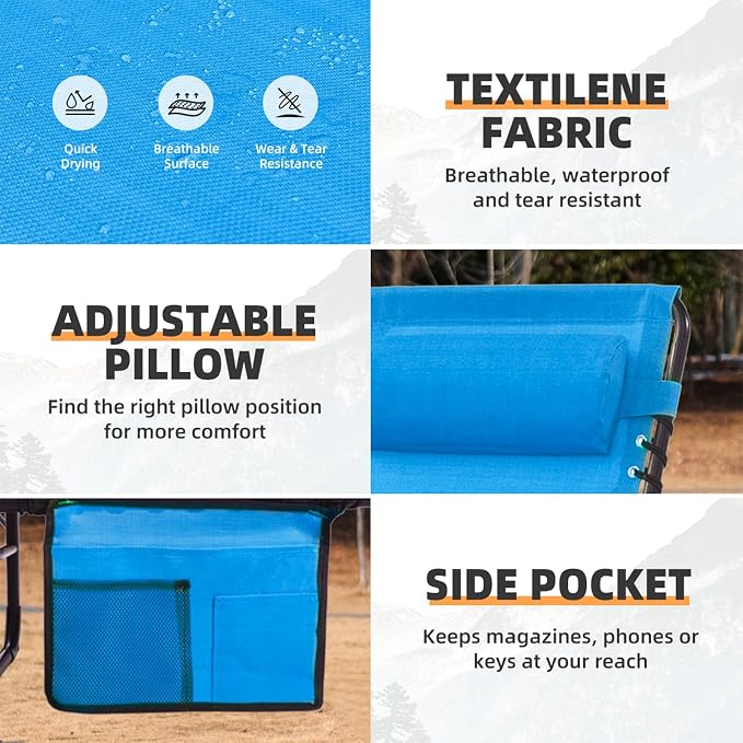 Folding Chaise Lounge Chair Bed Set of 2 - Heavy-Duty 400lb Capacity Portable Adjustable Recliner w/Pillow for Patio, Pool, Camping, Sunbathing - Lay Flat Design (Blue)