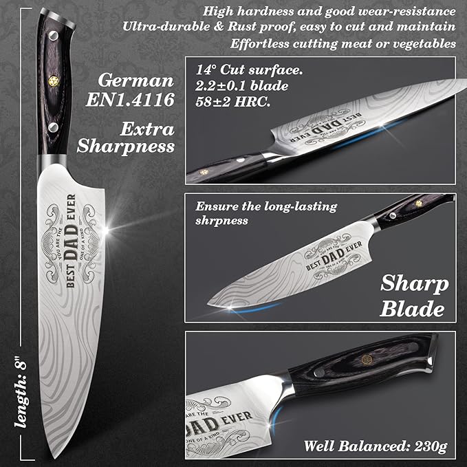 Dad Gifts from Daughter Wife Son, Best Dad Ever Kitchen Knife Gift Set with Wooden Box, Dad Christmas Birthday Gift Ideas, 8" Professional Chef Knife, Dads Birthday Gifts for Men Husband