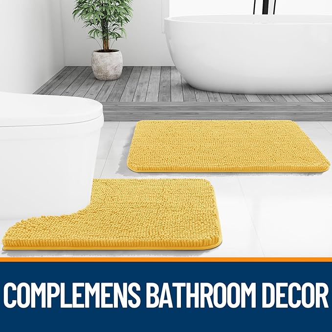 OLANLY Toilet Rugs U-Shaped 24x20, Extra Soft Absorbent Chenille Contour Bathroom Rugs for Toilet, Dry Quickly, Machine Washable, Non-Slip Bath Mat, Yellow