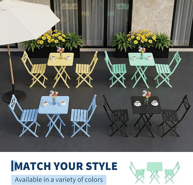 Outdoor Square Bistro Set 3 Piece, Green Iron Tube Patio Furniture Set with Square Table & 2 Chairs, Foldable Steel Backyard Deck Porch Garden , Space Saving Outdoor Dining Set for Small Spaces