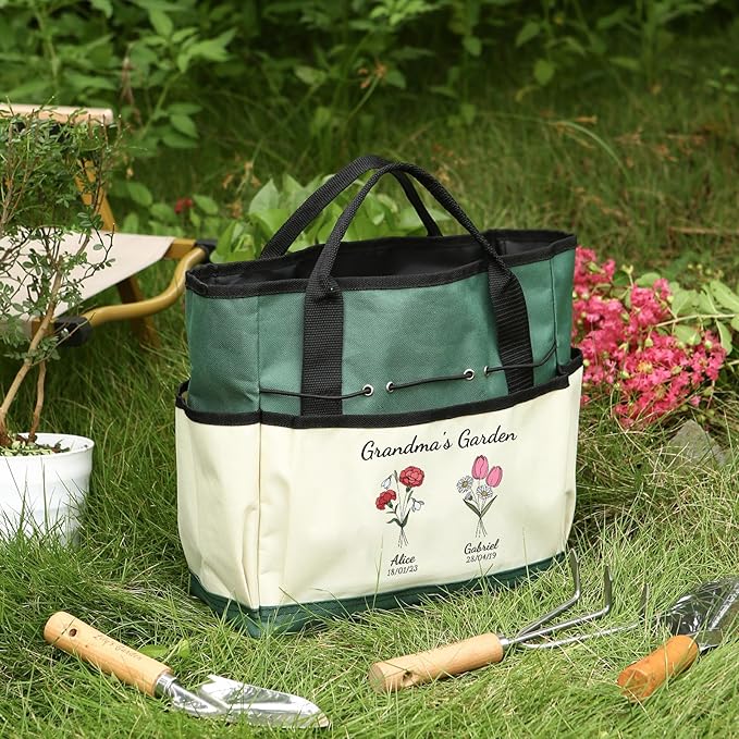Personalized Garden Tools Set for Women: Custom Text Garden Tool Bag and Garden Shovel & Transplant Shovel & Hand Rake - Gardening Gifts for Mom Grandma Gardening Lover (2 Flowers)
