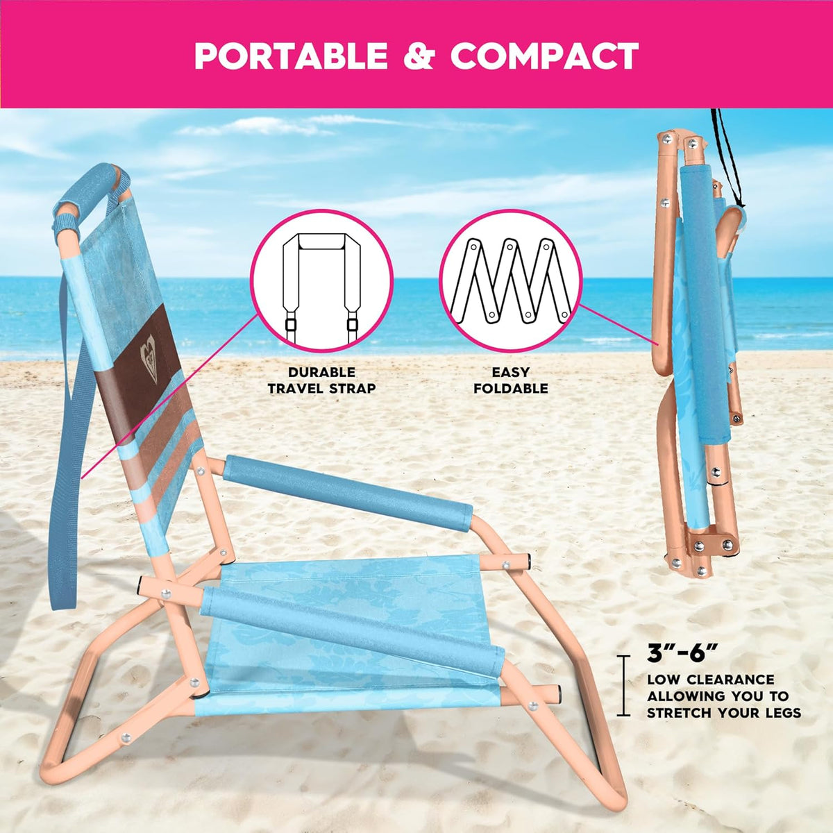 ROXY Beach Chair – Lounge Chair Outdoor, Lightweight Folding Chair with Adjustable Recline and Cup Holder – Beach Days, Pool Lounge Chairs, Folding Camping Chairs, Sun Tanning Chair or Festival