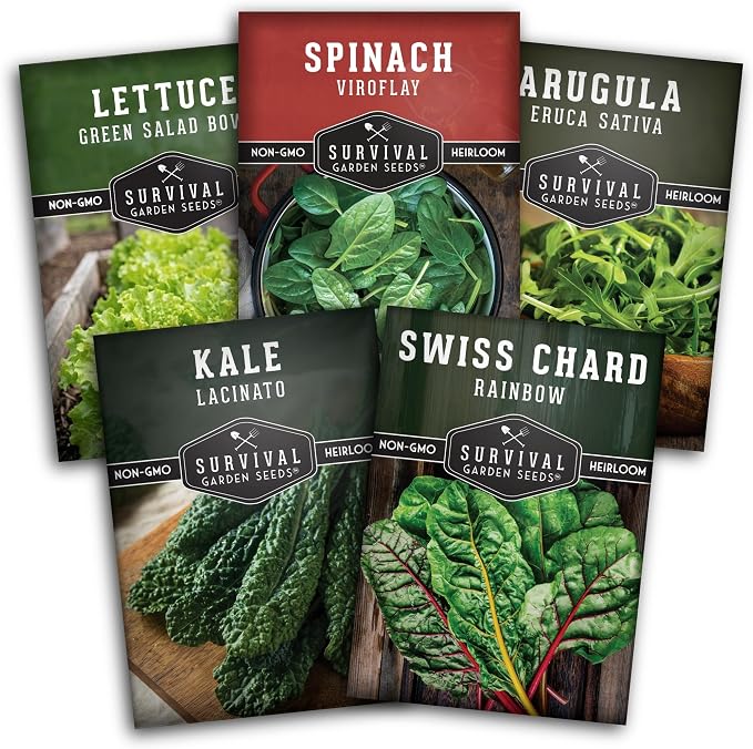 Leafy Greens Seeds Variety Pack – 5 Heirlooms: Viroflay Spinach, Arugula, Lacinato Kale, Salad Bowl Lettuce & Rainbow Swiss Chard – Cool Season Garden Collection - Survival Garden Seeds