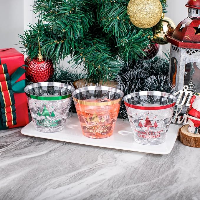 I00000 60PCS Merry Christmas Party Cups - Christmas Disposable Cups 9 Oz Clear Party Cups Wine Glasses Disposable Clear Plastic Cocktail Cups Tumblers Drinking Cups for Xmas Parties