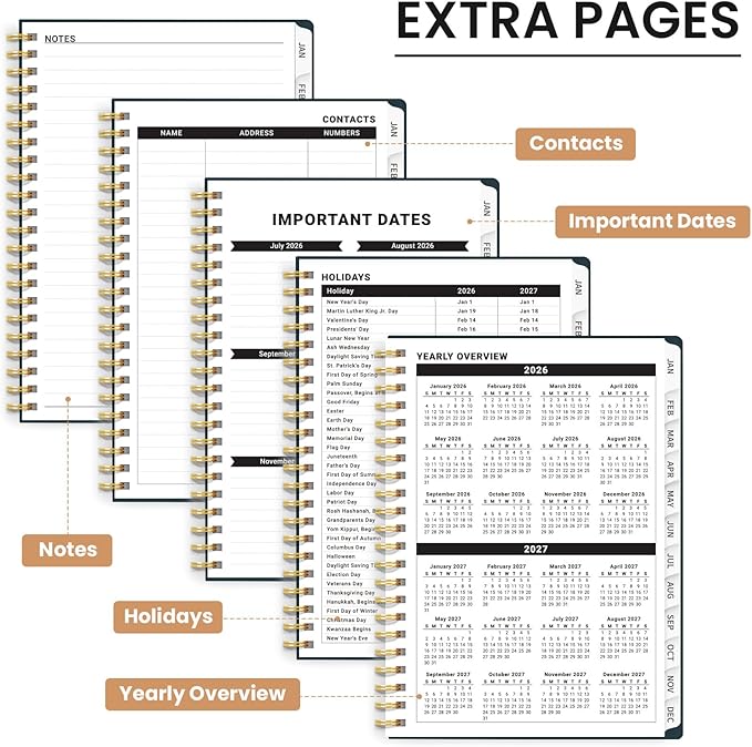2026 Planner, Weekly and Monthly Planner for Women, Jan 2026 - Dec 2026 Pretty 2026 Calendar Planner with Monthly Tabs, Inner Pocket, Spiral Binding, Perfect for Office Home School - 6.3" x 8.5", Floral Vine