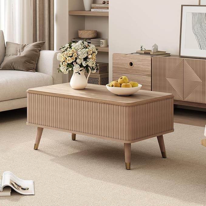 Lift Top Coffee Table with Storage,Mid Century Modern Coffee Table,Fluted Wood Rectangle Center Table for Living Room,Home Office,Natural Oak