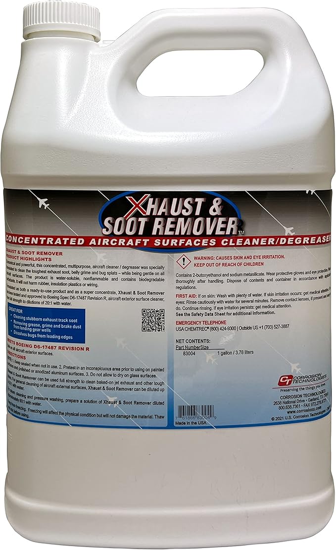 Corrosion Technologies Xhaust & Soot Remover, Superconcentrated Cleaner Degreaser For Exhaust Soot, Belly Grime, Brake Dust & Bug Splats, Multi Purpose Aircraft & Fleet Cleaning Solution, 1 Gallon
