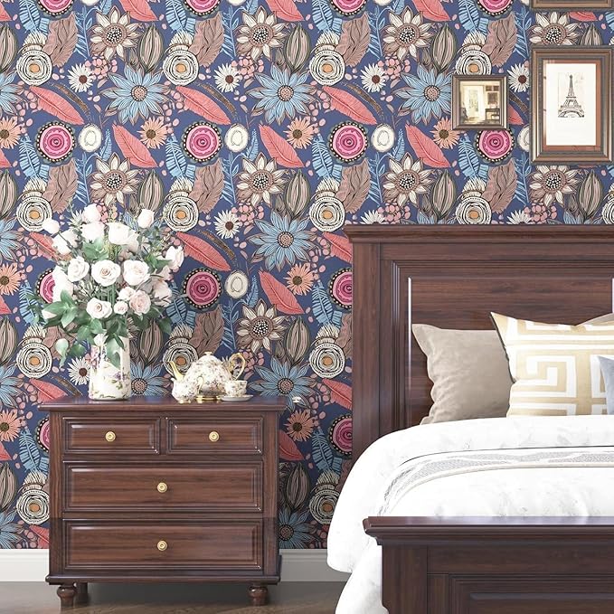 Blue Pink Wallpaper Peel and Stick, Vintage Boho Floral Contact Paper 17.5" x