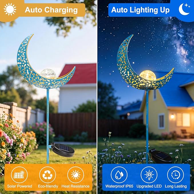 Homeimpro Moon Solar Garden Lights Outdoor Stakes, Waterproof Crackle Glass Metal Yard Lights for Lawn, Patio Accessories, Backyard Decor, Birthday Gifts for Mom