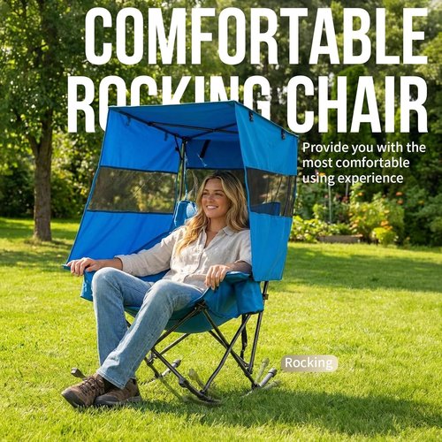 Nice C Rocking Camping Chair - XL Oversized Folding Rocker with Canopy & Cup Holder | Blue