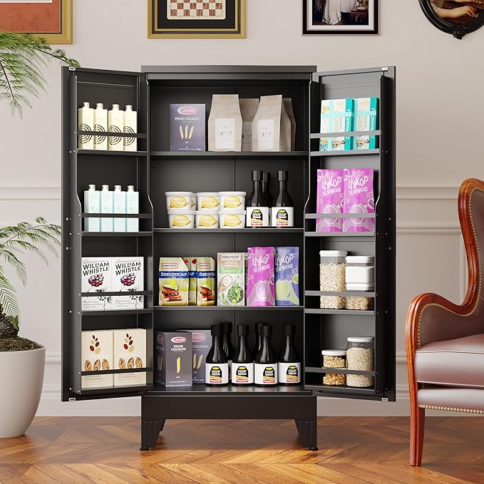 Metal Kitchen Pantry Cabinet, Storage Cabinets with 2 Door and 3 Adjustable Shelves, Black Freestanding Food Storage Cabinet, Steel Cupboard for Kitchen Dinning Room