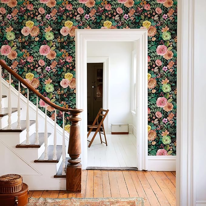 JiffDiff Dark Floral Peel and Stick Wallpaper 236.22" L x 17.7" W Black
