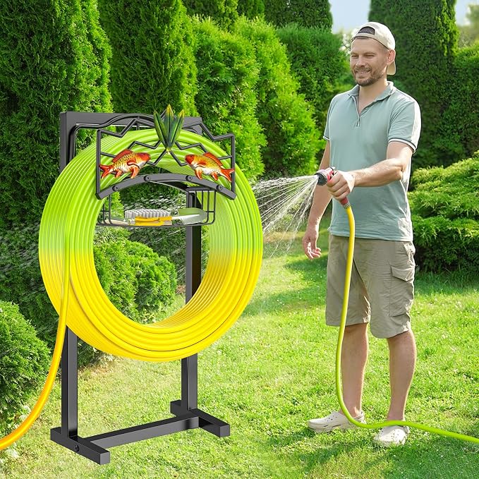 Freestanding Garden Hose Holder, Heavy Duty Black Metal Hose Rack with Storage Basket & 4 Spikes, Holds 150FT Water Hose for Yard Lawn Patio Decor