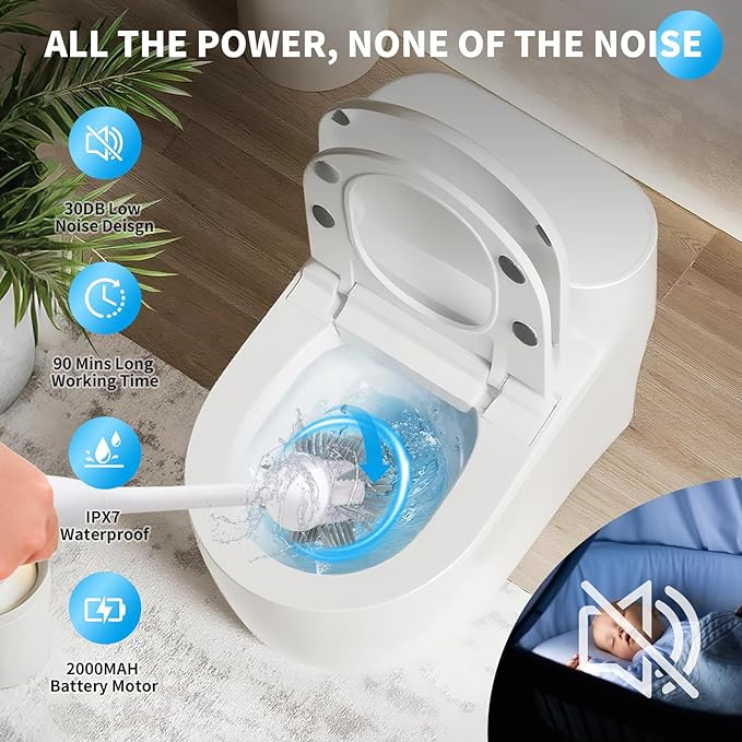 Electric Toilet Brush with Holder, Ultra Quiet & Powerful Scrubbing, IPX7 Waterproof Self-Cleaning Brush for Toilet/Bathtub/Grout, Cordless Spin Scrubber with 320RPM Turbo Power - White