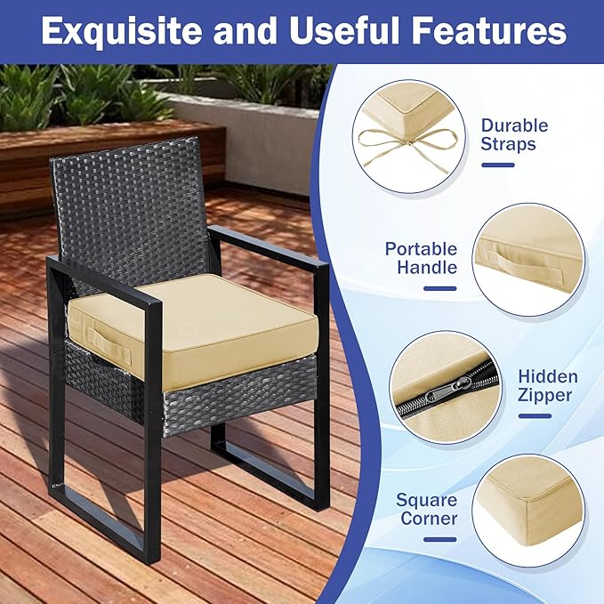 IASEAHK Patio Chair Cushions, 19" x 19" x 3" Outdoor Chair Cushions Set of 4, Waterproof Outdoor Cushions for Patio Furniture, Outdoors Seat Cushions Set of 4 with Handle and Ties, Light Khaki