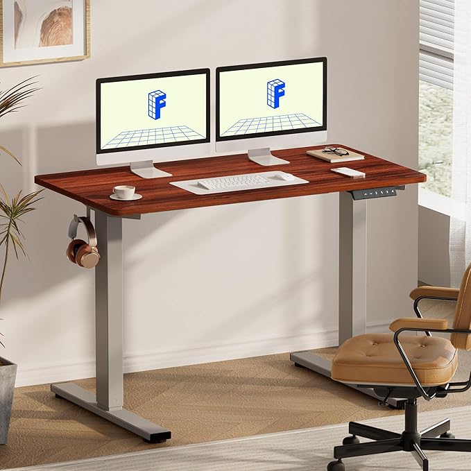 FLEXISPOT EN1 One-Piece Standing Desk with 1-Inch Thick Desktop, 55"x28" Electric Height Adjustable Desk for Home Office & Multi-Device Workstations, Mahogany(Silver Frame)