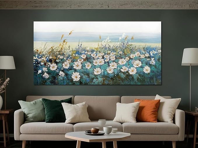 Arjun Flower Wall Art for Living Room, Teal Bedroom Canvas Daisy Floral Painting Landscape Picture Artwork Extra Large Textured Office Home Dining Room Kitchen Wall Decor 58"x29"